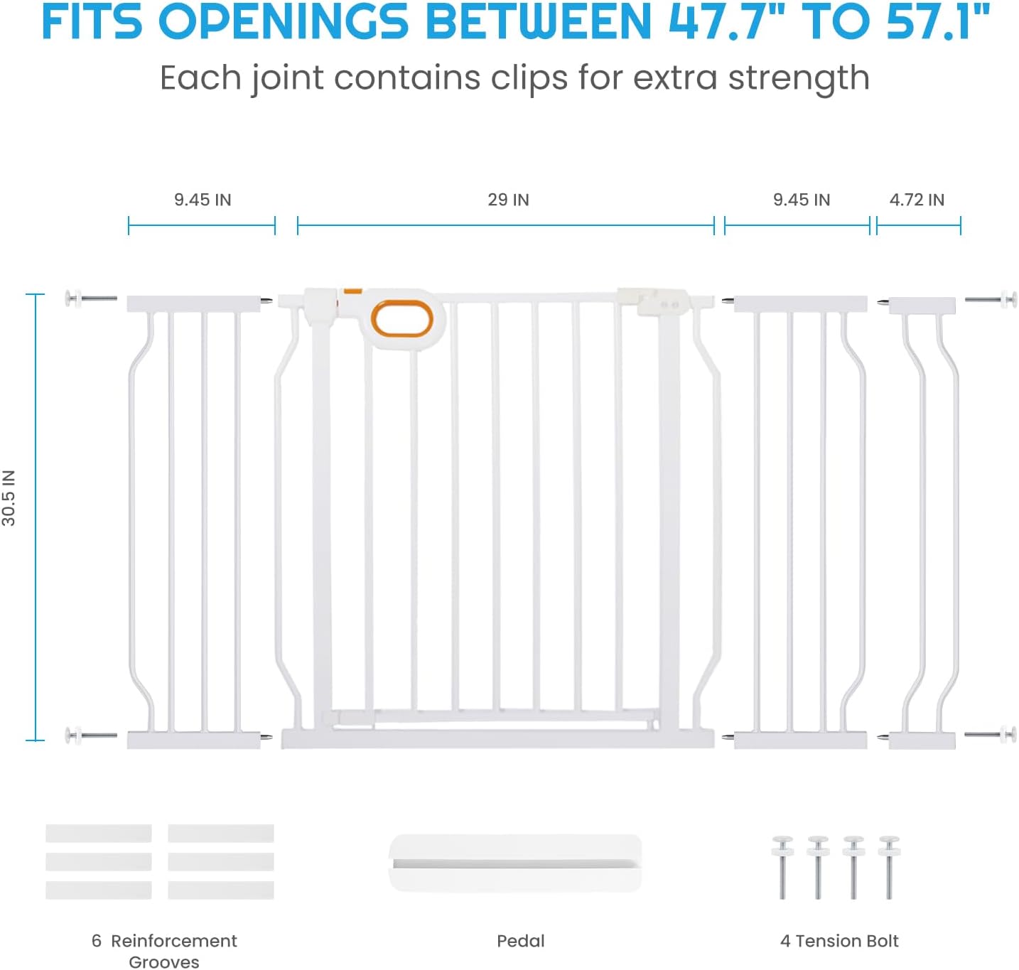 owlie Baby Gate with Door 66-75 Inch, Extra Wide Stair Gates for Kids Adjustable Wide Dog Pet Gate Stairway Large Baby Gates Pressure Mount for Pets for House Stairway Doorway White (30.5'' Tall)