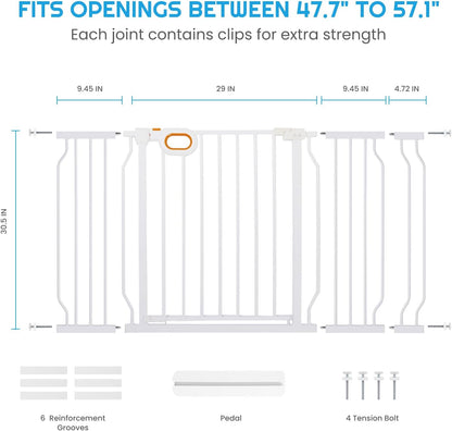 owlie Baby Gate with Door 66-75 Inch, Extra Wide Stair Gates for Kids Adjustable Wide Dog Pet Gate Stairway Large Baby Gates Pressure Mount for Pets for House Stairway Doorway White (30.5'' Tall)