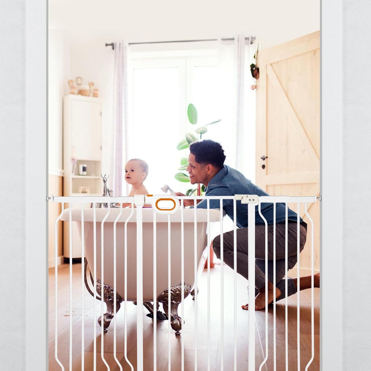 owlie Baby Gate with Door 66-75 Inch, Extra Wide Stair Gates for Kids Adjustable Wide Dog Pet Gate Stairway Large Baby Gates Pressure Mount for Pets for House Stairway Doorway White (30.5'' Tall)