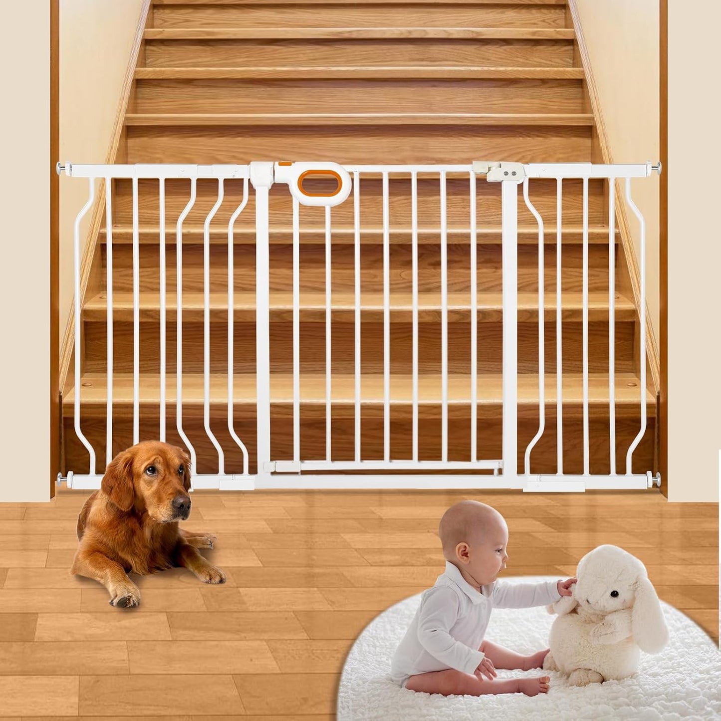 owlie Baby Gate with Door 66-75 Inch, Extra Wide Stair Gates for Kids Adjustable Wide Dog Pet Gate Stairway Large Baby Gates Pressure Mount for Pets for House Stairway Doorway White (30.5'' Tall)
