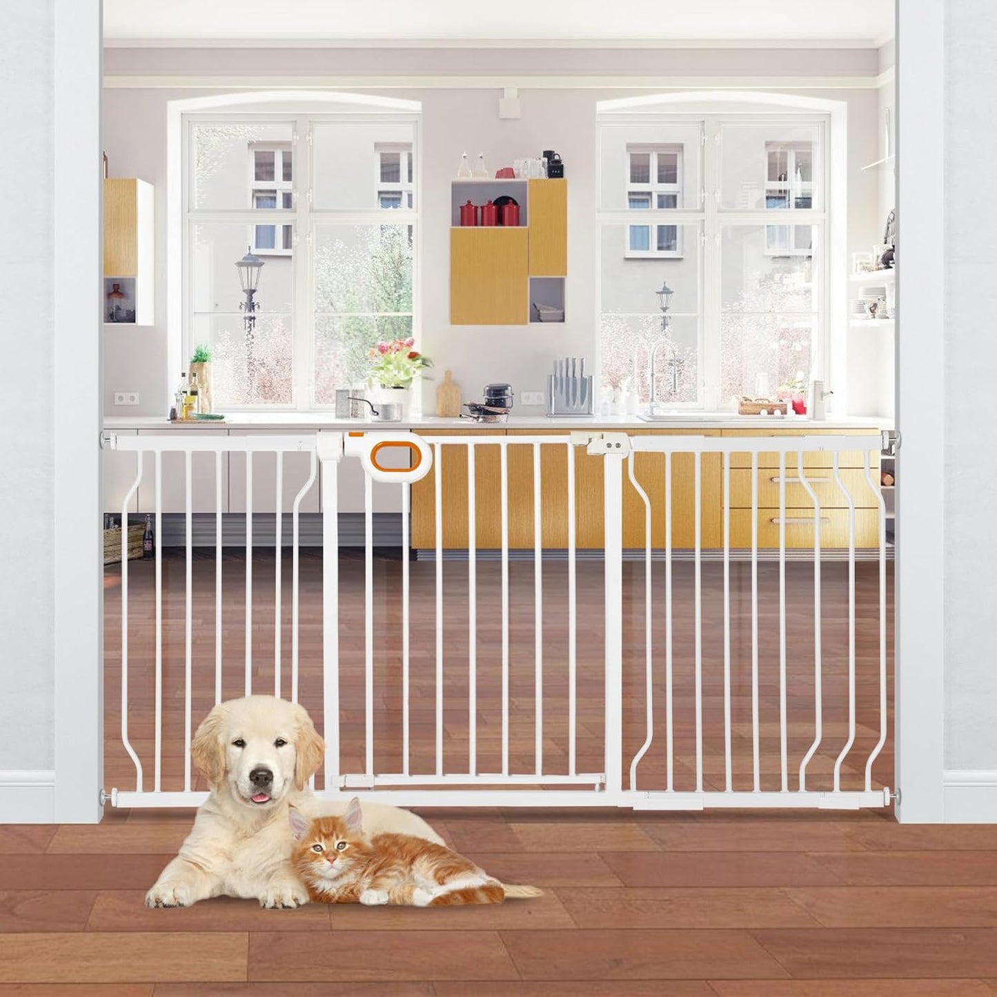 owlie Baby Gate with Door 66-75 Inch, Extra Wide Stair Gates for Kids Adjustable Wide Dog Pet Gate Stairway Large Baby Gates Pressure Mount for Pets for House Stairway Doorway White (30.5'' Tall)