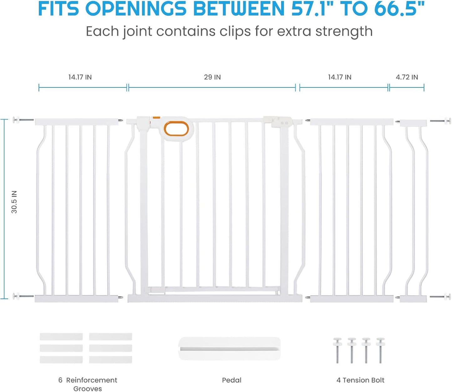 owlie Baby Gate with Door 66-75 Inch, Extra Wide Stair Gates for Kids Adjustable Wide Dog Pet Gate Stairway Large Baby Gates Pressure Mount for Pets for House Stairway Doorway White (30.5'' Tall)