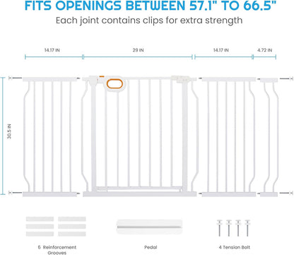 owlie Baby Gate with Door 66-75 Inch, Extra Wide Stair Gates for Kids Adjustable Wide Dog Pet Gate Stairway Large Baby Gates Pressure Mount for Pets for House Stairway Doorway White (30.5'' Tall)