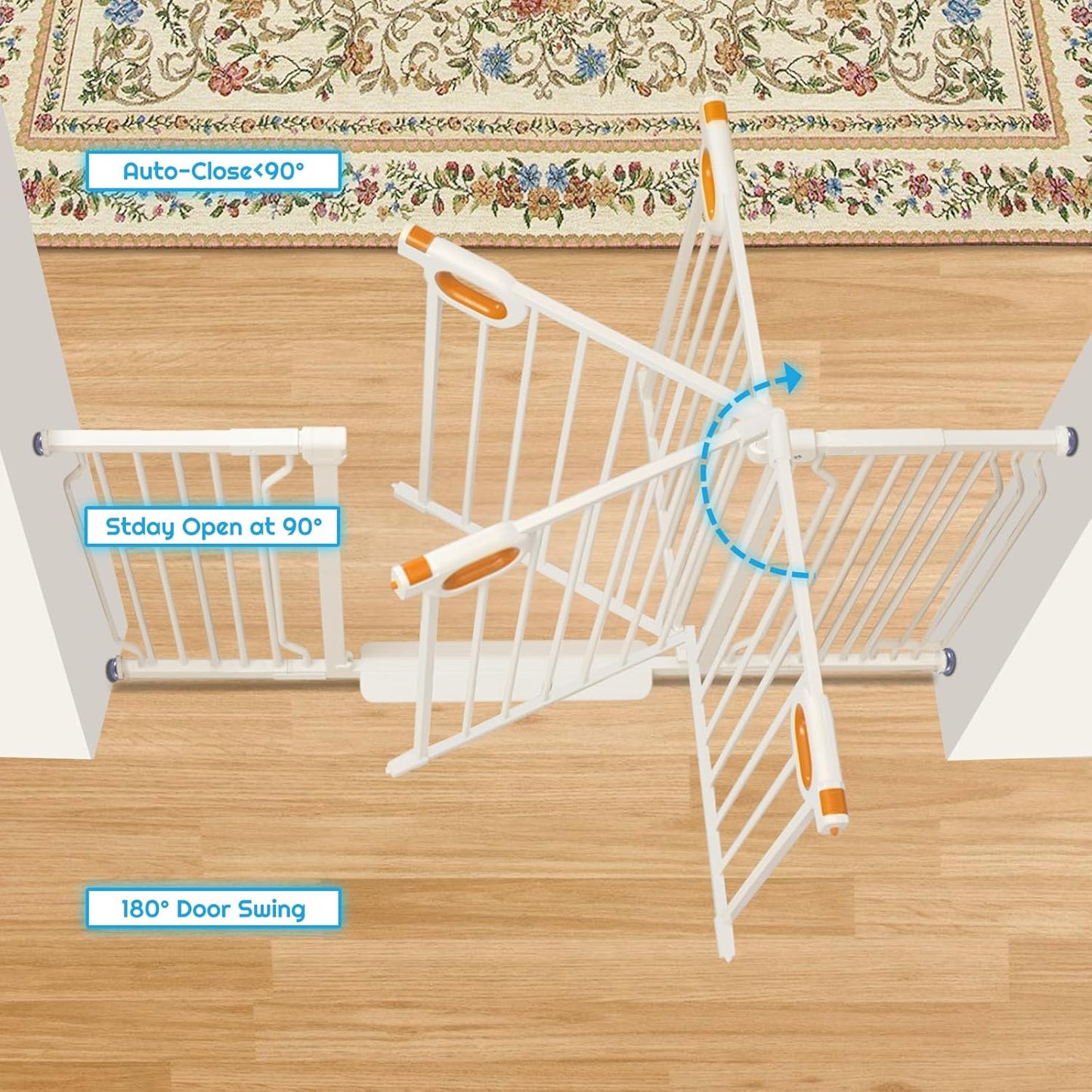 owlie Baby Gate with Door 66-75 Inch, Extra Wide Stair Gates for Kids Adjustable Wide Dog Pet Gate Stairway Large Baby Gates Pressure Mount for Pets for House Stairway Doorway White (30.5'' Tall)