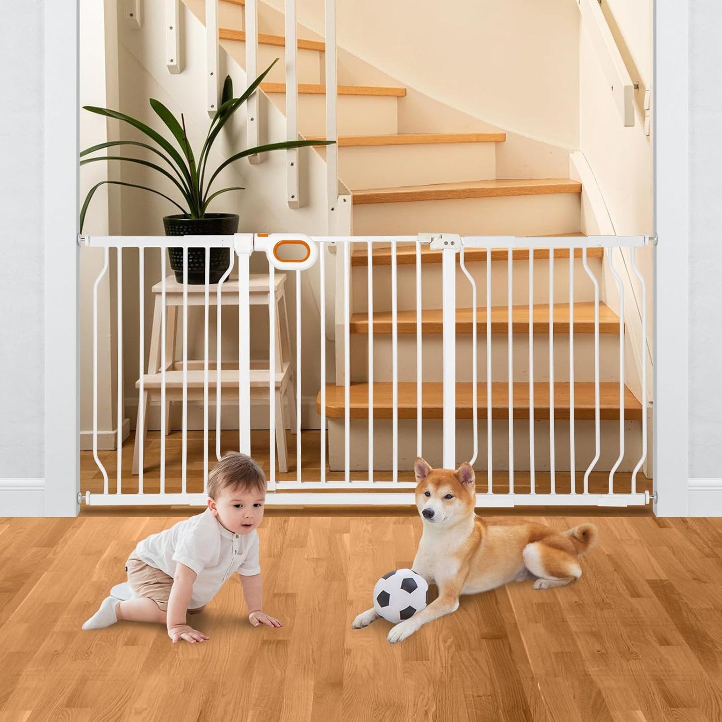 owlie Baby Gate with Door 66-75 Inch, Extra Wide Stair Gates for Kids Adjustable Wide Dog Pet Gate Stairway Large Baby Gates Pressure Mount for Pets for House Stairway Doorway White (30.5'' Tall)