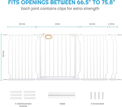 owlie Baby Gate with Door 66-75 Inch, Extra Wide Stair Gates for Kids Adjustable Wide Dog Pet Gate Stairway Large Baby Gates Pressure Mount for Pets for House Stairway Doorway White (30.5'' Tall)