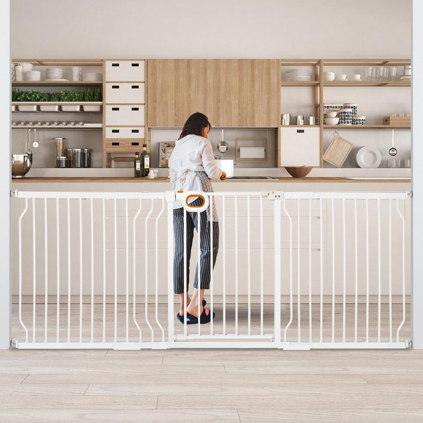 owlie Baby Gate with Door 66-75 Inch, Extra Wide Stair Gates for Kids Adjustable Wide Dog Pet Gate Stairway Large Baby Gates Pressure Mount for Pets for House Stairway Doorway White (30.5'' Tall)