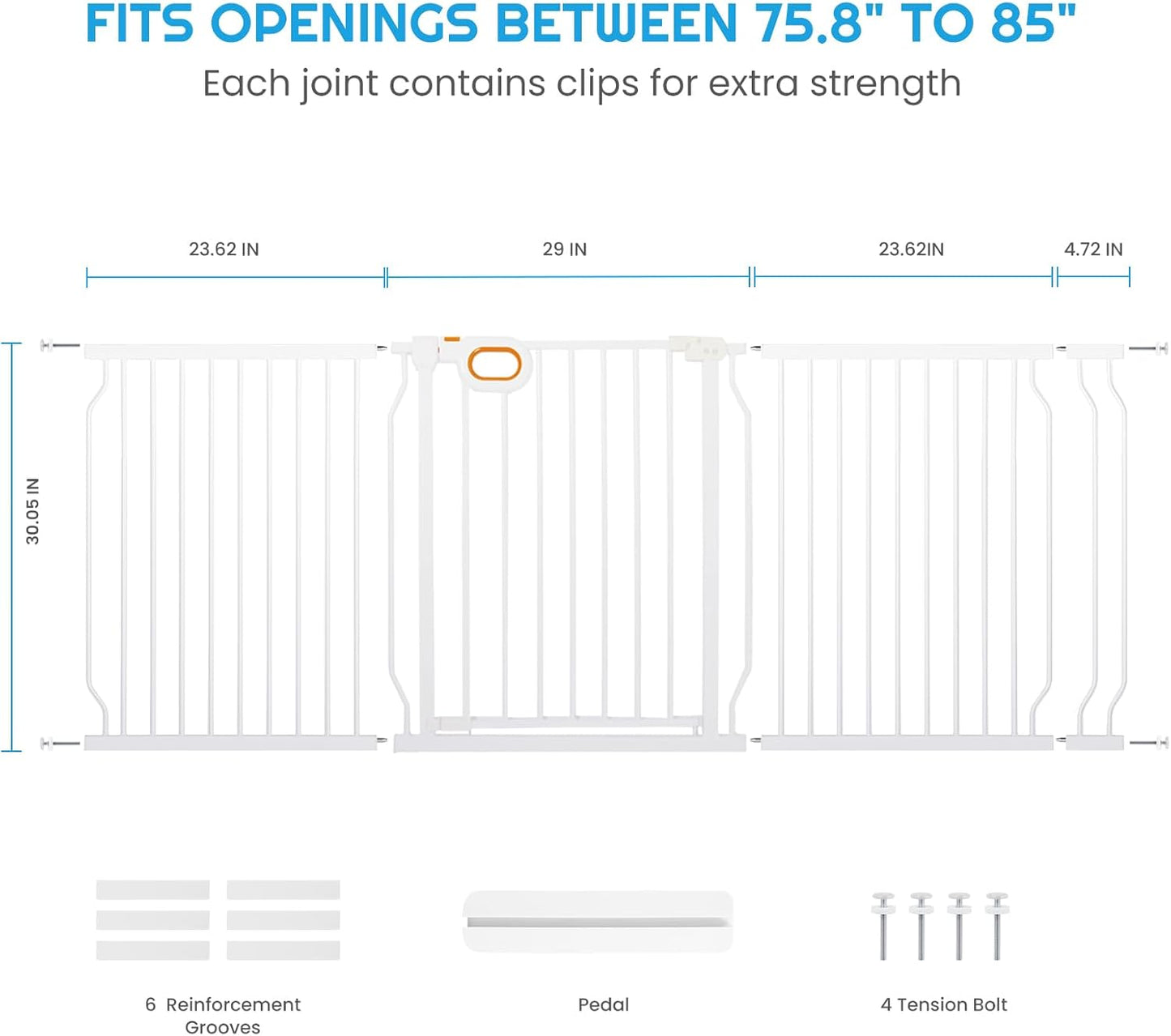 owlie Baby Gate with Door 66-75 Inch, Extra Wide Stair Gates for Kids Adjustable Wide Dog Pet Gate Stairway Large Baby Gates Pressure Mount for Pets for House Stairway Doorway White (30.5'' Tall)