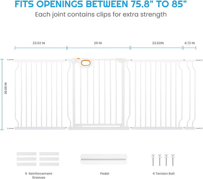 owlie Baby Gate with Door 66-75 Inch, Extra Wide Stair Gates for Kids Adjustable Wide Dog Pet Gate Stairway Large Baby Gates Pressure Mount for Pets for House Stairway Doorway White (30.5'' Tall)