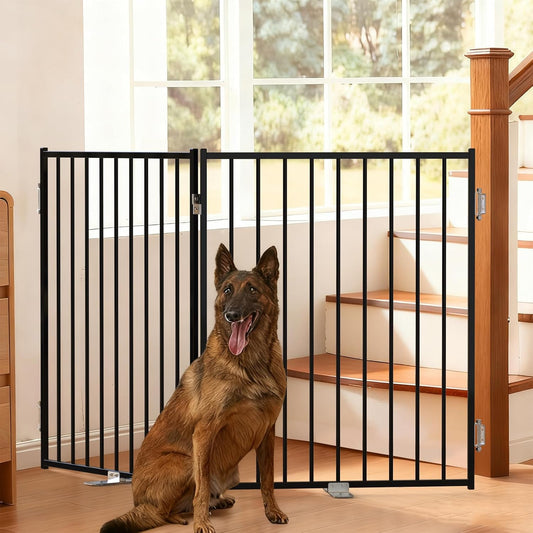 Free Standing Dog Gate with Door, 36'' Tall Foldable Dog Fence for Indoor & Outdoor, Up to 104 Inch Extra Wide Puppy Gate for Stairs, Hallways, Doorways, Deck, Yard (White, 4 Panels)