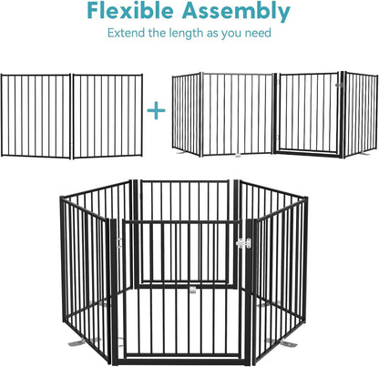 Free Standing Dog Gate with Door, 36'' Tall Foldable Dog Fence for Indoor & Outdoor, Up to 104 Inch Extra Wide Puppy Gate for Stairs, Hallways, Doorways, Deck, Yard (White, 4 Panels)