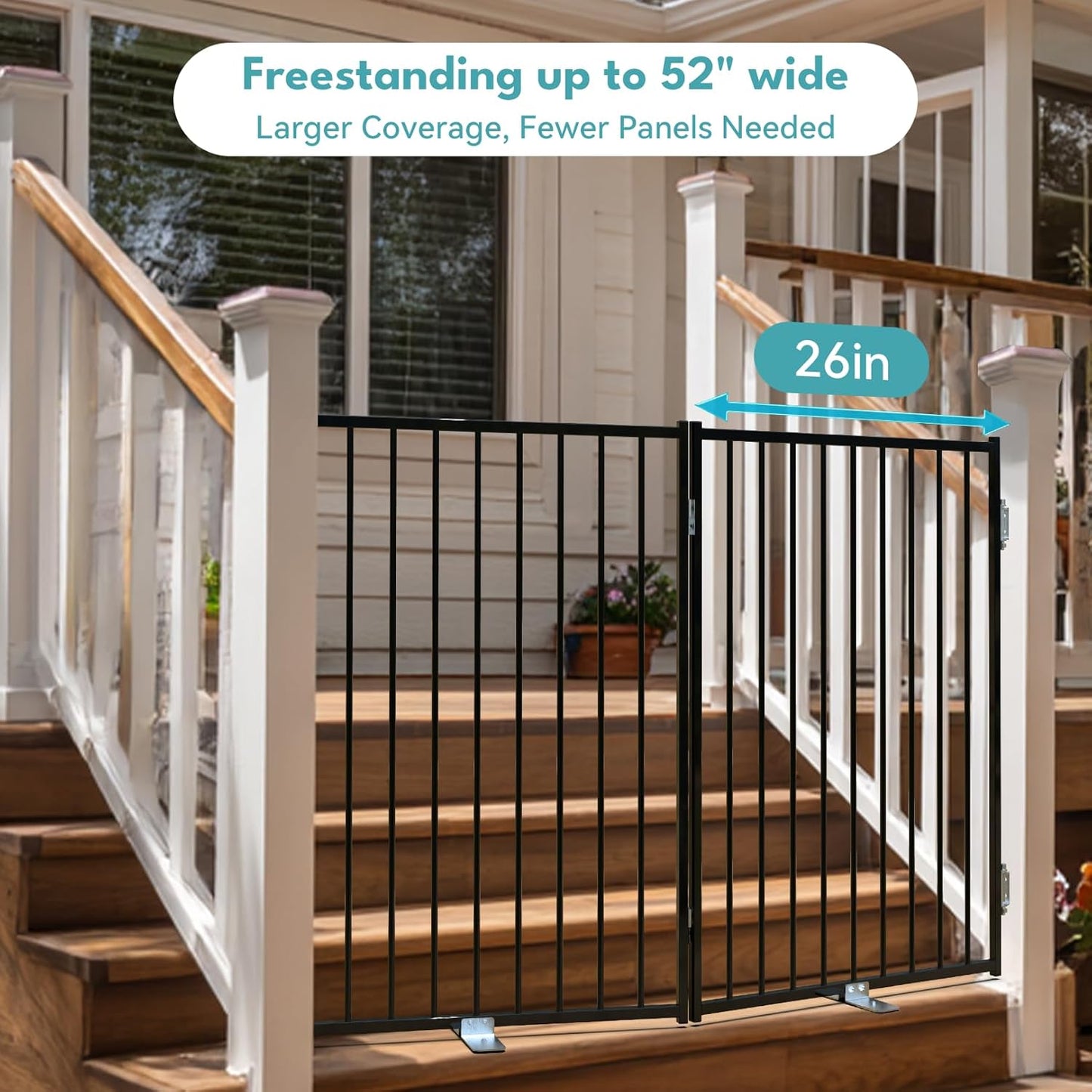 Free Standing Dog Gate with Door, 36'' Tall Foldable Dog Fence for Indoor & Outdoor, Up to 104 Inch Extra Wide Puppy Gate for Stairs, Hallways, Doorways, Deck, Yard (White, 4 Panels)