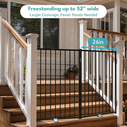 Free Standing Dog Gate with Door, 36'' Tall Foldable Dog Fence for Indoor & Outdoor, Up to 104 Inch Extra Wide Puppy Gate for Stairs, Hallways, Doorways, Deck, Yard (White, 4 Panels)