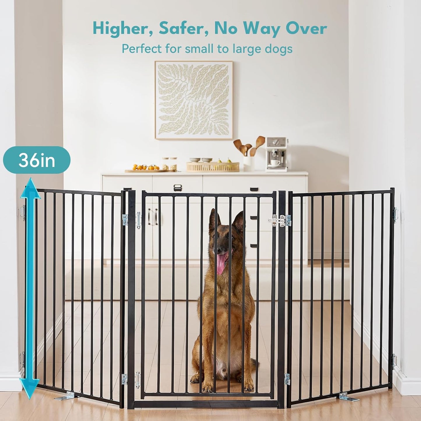 Free Standing Dog Gate with Door, 36'' Tall Foldable Dog Fence for Indoor & Outdoor, Up to 104 Inch Extra Wide Puppy Gate for Stairs, Hallways, Doorways, Deck, Yard (White, 4 Panels)