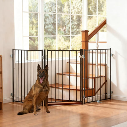 Free Standing Dog Gate with Door, 36'' Tall Foldable Dog Fence for Indoor & Outdoor, Up to 104 Inch Extra Wide Puppy Gate for Stairs, Hallways, Doorways, Deck, Yard (White, 4 Panels)