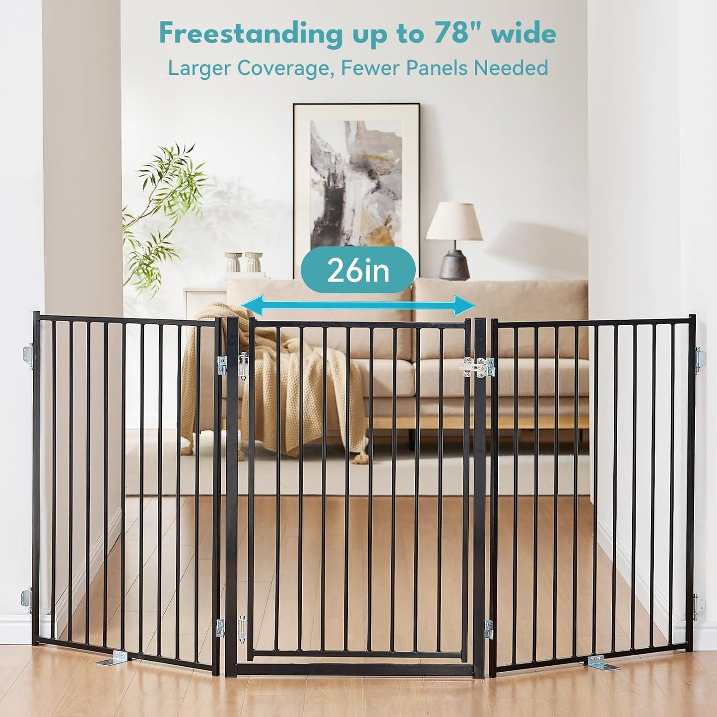 Free Standing Dog Gate with Door, 36'' Tall Foldable Dog Fence for Indoor & Outdoor, Up to 104 Inch Extra Wide Puppy Gate for Stairs, Hallways, Doorways, Deck, Yard (White, 4 Panels)