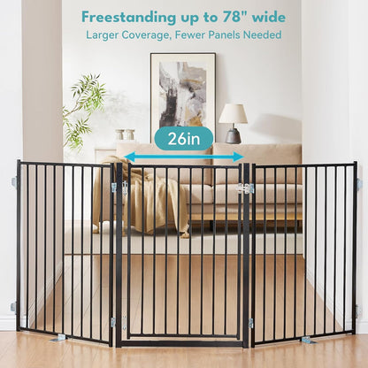 Free Standing Dog Gate with Door, 36'' Tall Foldable Dog Fence for Indoor & Outdoor, Up to 104 Inch Extra Wide Puppy Gate for Stairs, Hallways, Doorways, Deck, Yard (White, 4 Panels)