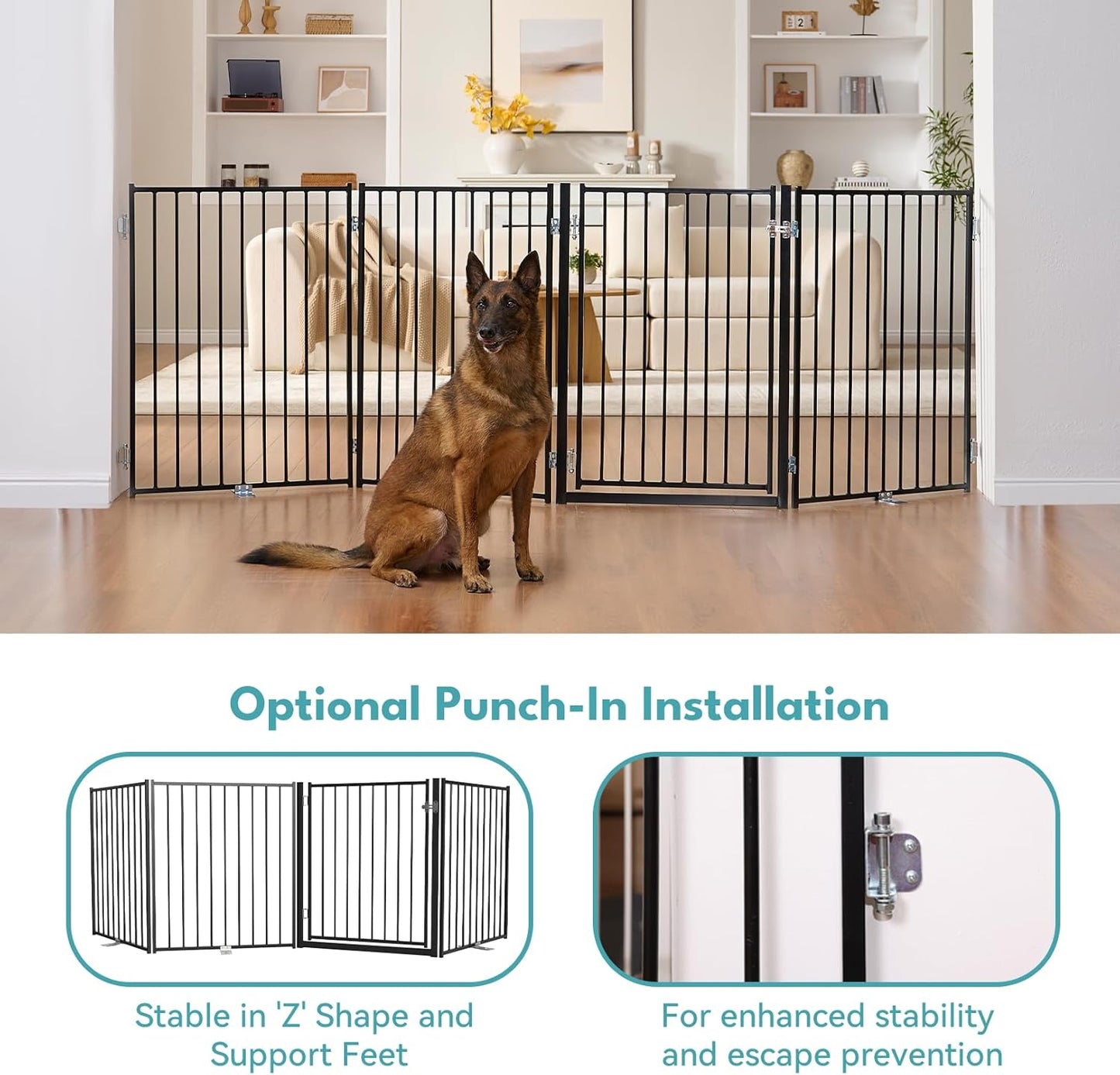 Free Standing Dog Gate with Door, 36'' Tall Foldable Dog Fence for Indoor & Outdoor, Up to 104 Inch Extra Wide Puppy Gate for Stairs, Hallways, Doorways, Deck, Yard (White, 4 Panels)