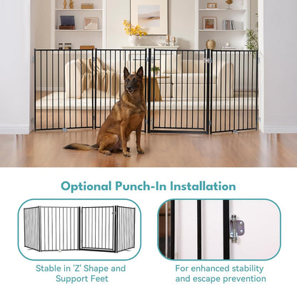 Free Standing Dog Gate with Door, 36'' Tall Foldable Dog Fence for Indoor & Outdoor, Up to 104 Inch Extra Wide Puppy Gate for Stairs, Hallways, Doorways, Deck, Yard (White, 4 Panels)