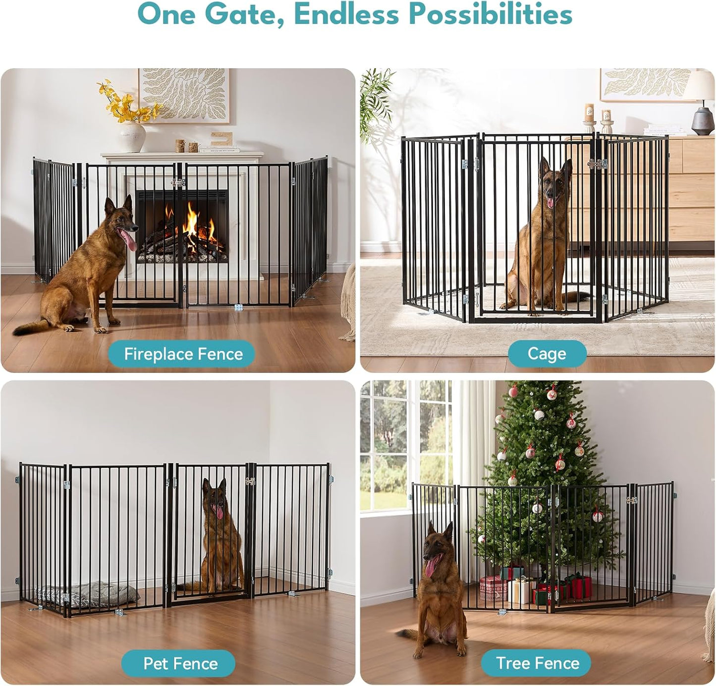 Free Standing Dog Gate with Door, 36'' Tall Foldable Dog Fence for Indoor & Outdoor, Up to 104 Inch Extra Wide Puppy Gate for Stairs, Hallways, Doorways, Deck, Yard (White, 4 Panels)