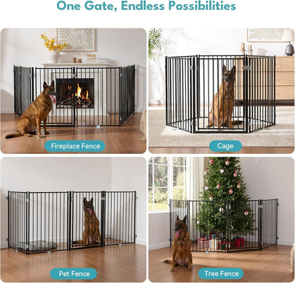 Free Standing Dog Gate with Door, 36'' Tall Foldable Dog Fence for Indoor & Outdoor, Up to 104 Inch Extra Wide Puppy Gate for Stairs, Hallways, Doorways, Deck, Yard (White, 4 Panels)