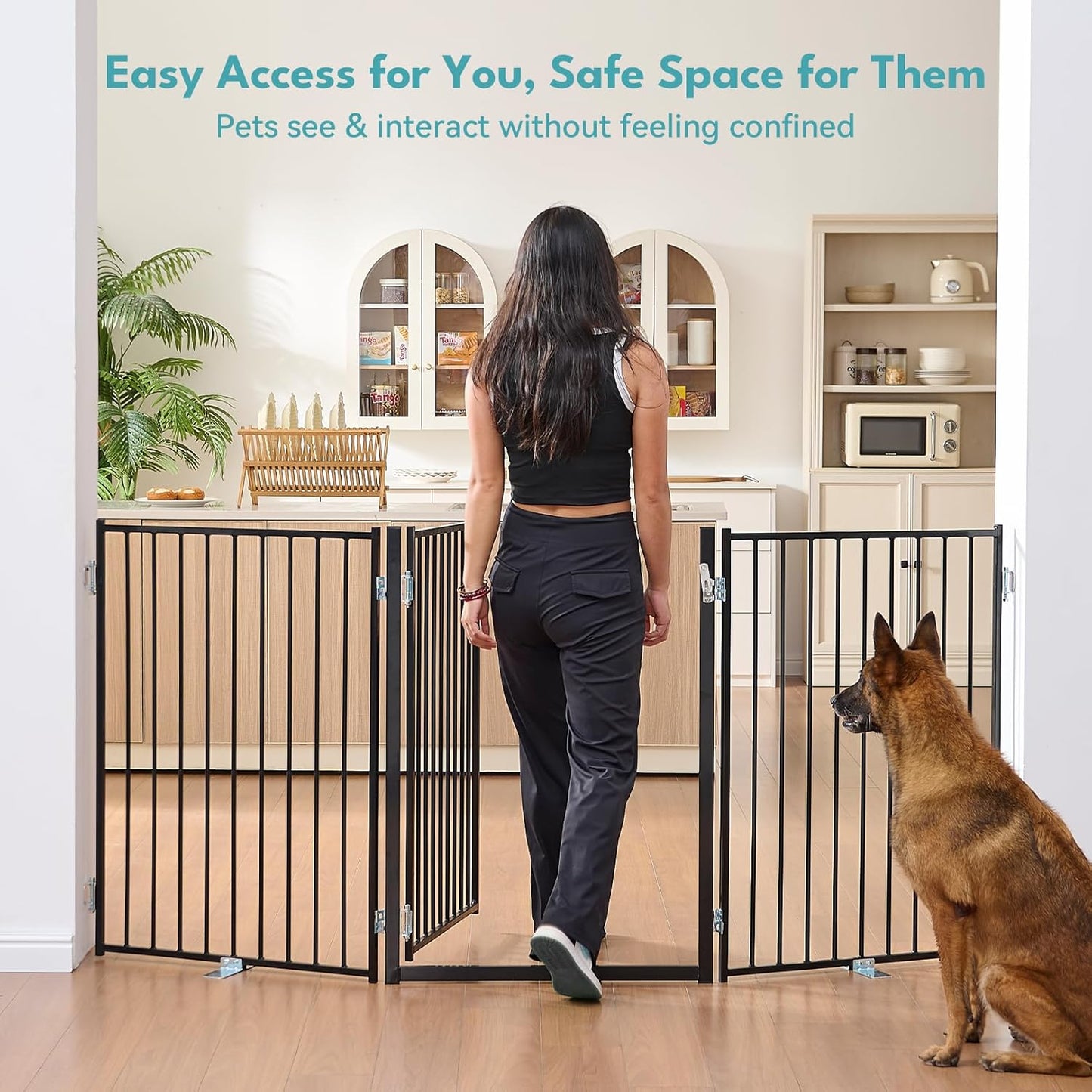Free Standing Dog Gate with Door, 36'' Tall Foldable Dog Fence for Indoor & Outdoor, Up to 104 Inch Extra Wide Puppy Gate for Stairs, Hallways, Doorways, Deck, Yard (White, 4 Panels)
