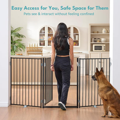 Free Standing Dog Gate with Door, 36'' Tall Foldable Dog Fence for Indoor & Outdoor, Up to 104 Inch Extra Wide Puppy Gate for Stairs, Hallways, Doorways, Deck, Yard (White, 4 Panels)