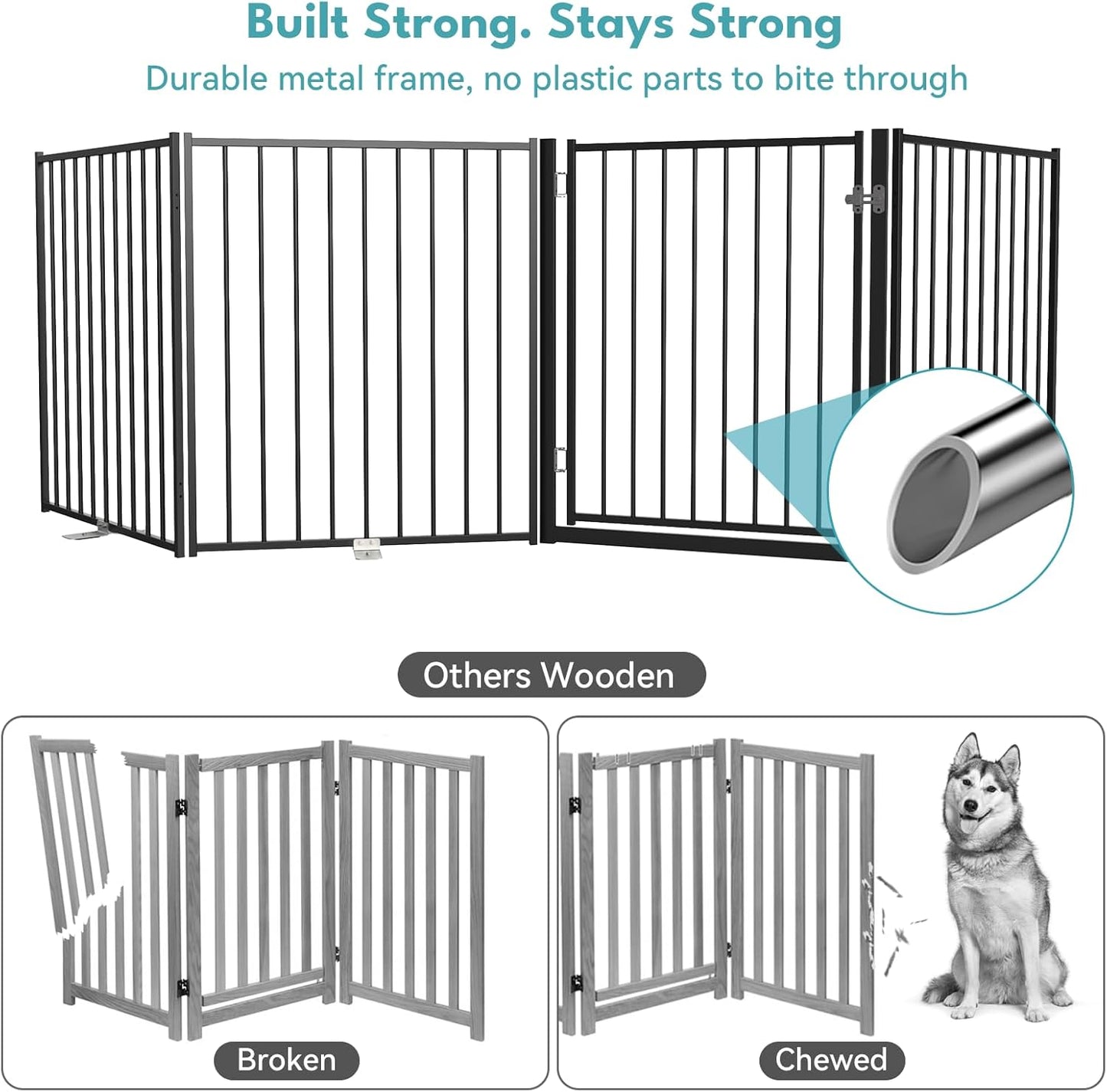 Free Standing Dog Gate with Door, 36'' Tall Foldable Dog Fence for Indoor & Outdoor, Up to 104 Inch Extra Wide Puppy Gate for Stairs, Hallways, Doorways, Deck, Yard (White, 4 Panels)