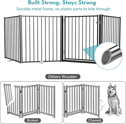 Free Standing Dog Gate with Door, 36'' Tall Foldable Dog Fence for Indoor & Outdoor, Up to 104 Inch Extra Wide Puppy Gate for Stairs, Hallways, Doorways, Deck, Yard (White, 4 Panels)