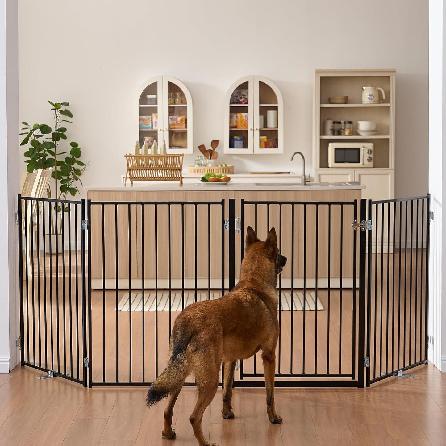 Free Standing Dog Gate with Door, 36'' Tall Foldable Dog Fence for Indoor & Outdoor, Up to 104 Inch Extra Wide Puppy Gate for Stairs, Hallways, Doorways, Deck, Yard (White, 4 Panels)
