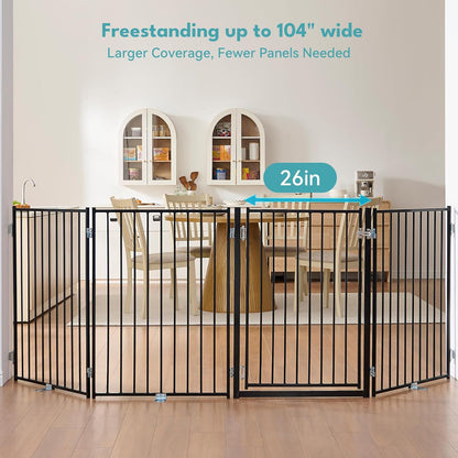 Free Standing Dog Gate with Door, 36'' Tall Foldable Dog Fence for Indoor & Outdoor, Up to 104 Inch Extra Wide Puppy Gate for Stairs, Hallways, Doorways, Deck, Yard (White, 4 Panels)
