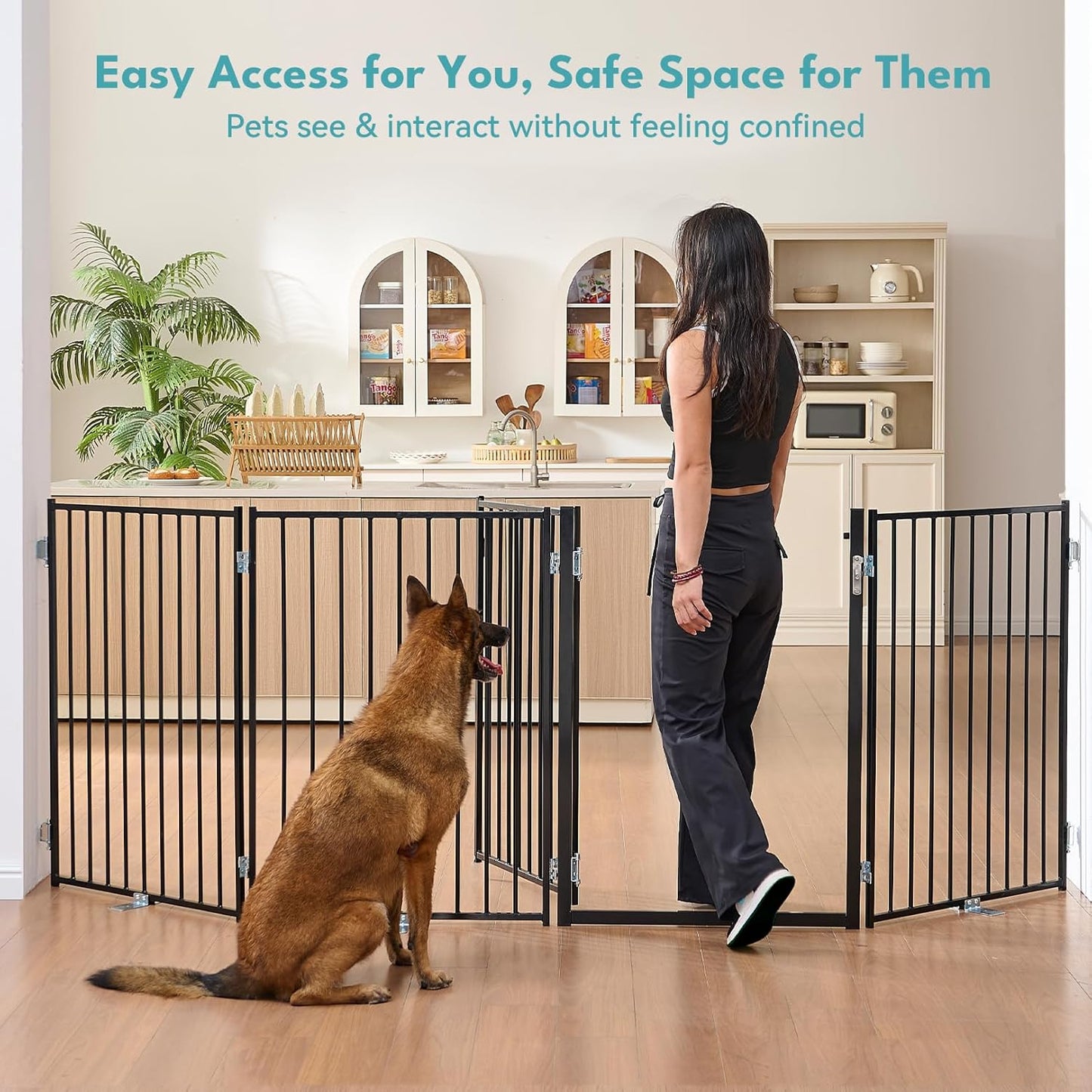 Free Standing Dog Gate with Door, 36'' Tall Foldable Dog Fence for Indoor & Outdoor, Up to 104 Inch Extra Wide Puppy Gate for Stairs, Hallways, Doorways, Deck, Yard (White, 4 Panels)