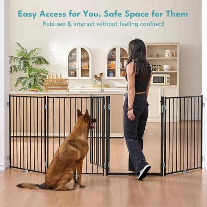 Free Standing Dog Gate with Door, 36'' Tall Foldable Dog Fence for Indoor & Outdoor, Up to 104 Inch Extra Wide Puppy Gate for Stairs, Hallways, Doorways, Deck, Yard (White, 4 Panels)