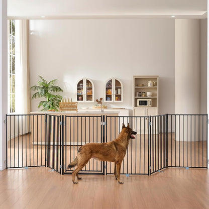 Free Standing Dog Gate with Door, 36'' Tall Foldable Dog Fence for Indoor & Outdoor, Up to 104 Inch Extra Wide Puppy Gate for Stairs, Hallways, Doorways, Deck, Yard (White, 4 Panels)