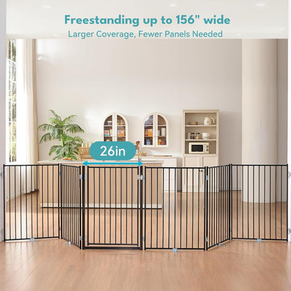 Free Standing Dog Gate with Door, 36'' Tall Foldable Dog Fence for Indoor & Outdoor, Up to 104 Inch Extra Wide Puppy Gate for Stairs, Hallways, Doorways, Deck, Yard (White, 4 Panels)