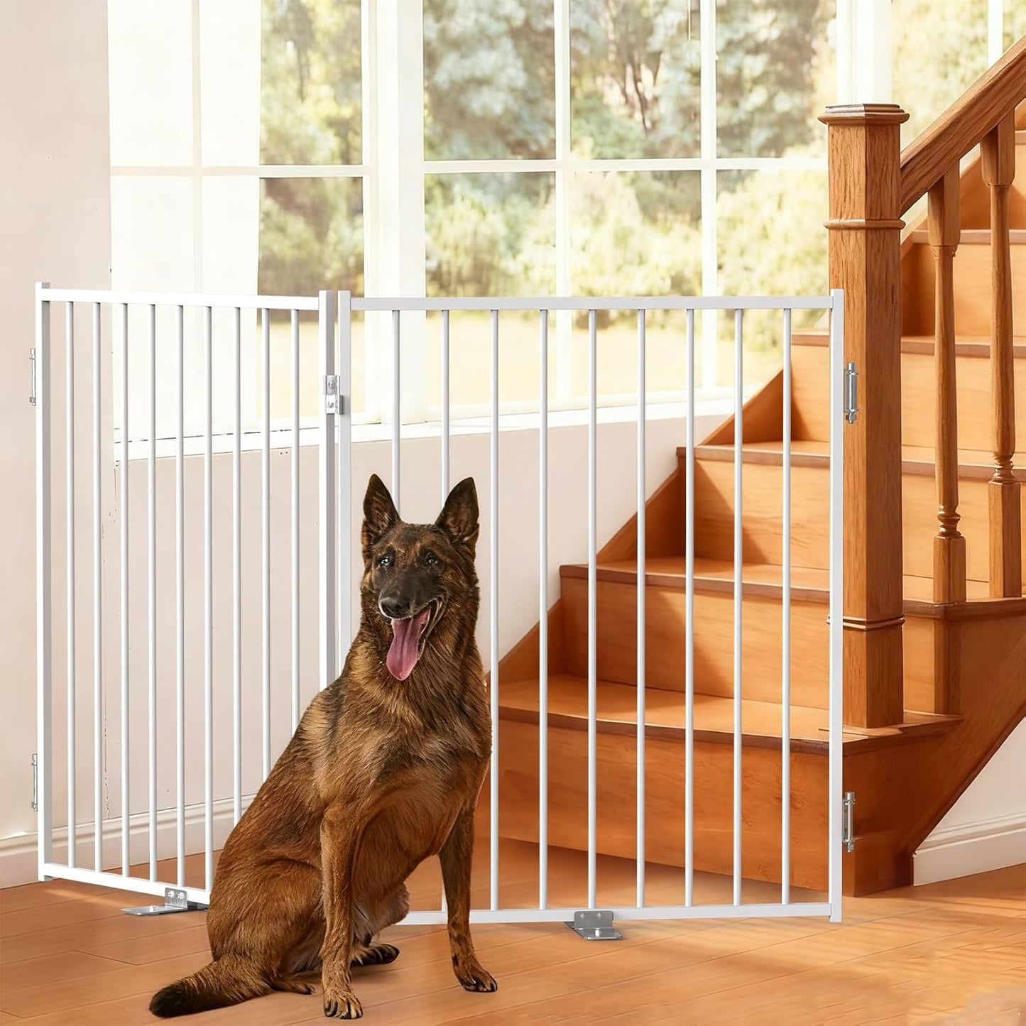 Free Standing Dog Gate with Door, 36'' Tall Foldable Dog Fence for Indoor & Outdoor, Up to 104 Inch Extra Wide Puppy Gate for Stairs, Hallways, Doorways, Deck, Yard (White, 4 Panels)