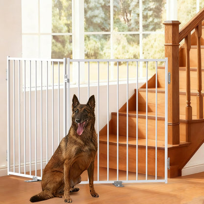 Free Standing Dog Gate with Door, 36'' Tall Foldable Dog Fence for Indoor & Outdoor, Up to 104 Inch Extra Wide Puppy Gate for Stairs, Hallways, Doorways, Deck, Yard (White, 4 Panels)