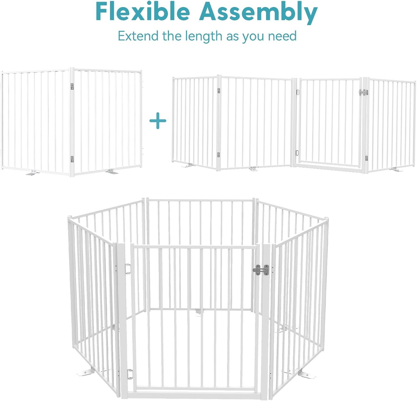 Free Standing Dog Gate with Door, 36'' Tall Foldable Dog Fence for Indoor & Outdoor, Up to 104 Inch Extra Wide Puppy Gate for Stairs, Hallways, Doorways, Deck, Yard (White, 4 Panels)