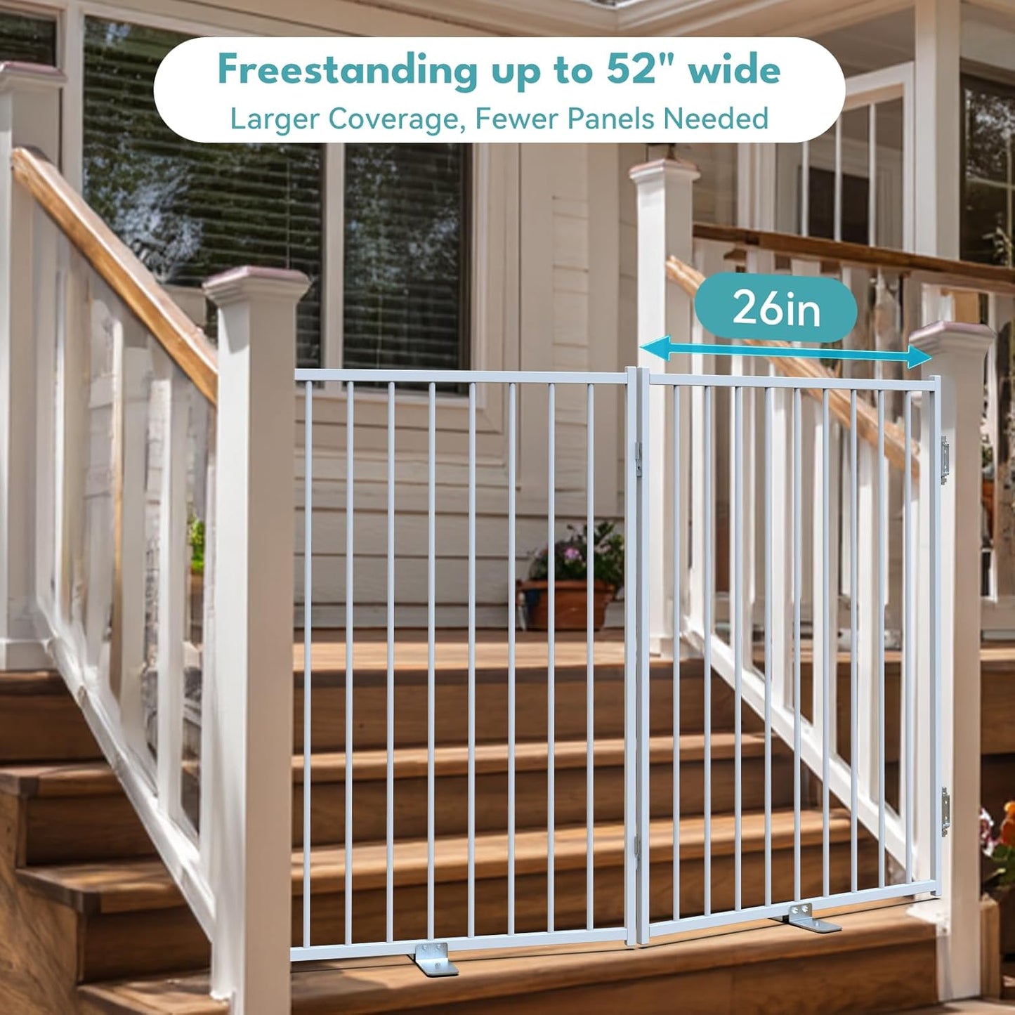Free Standing Dog Gate with Door, 36'' Tall Foldable Dog Fence for Indoor & Outdoor, Up to 104 Inch Extra Wide Puppy Gate for Stairs, Hallways, Doorways, Deck, Yard (White, 4 Panels)