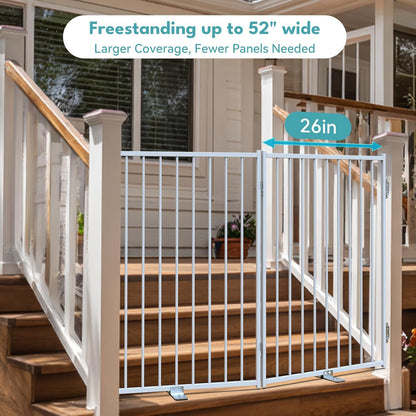 Free Standing Dog Gate with Door, 36'' Tall Foldable Dog Fence for Indoor & Outdoor, Up to 104 Inch Extra Wide Puppy Gate for Stairs, Hallways, Doorways, Deck, Yard (White, 4 Panels)