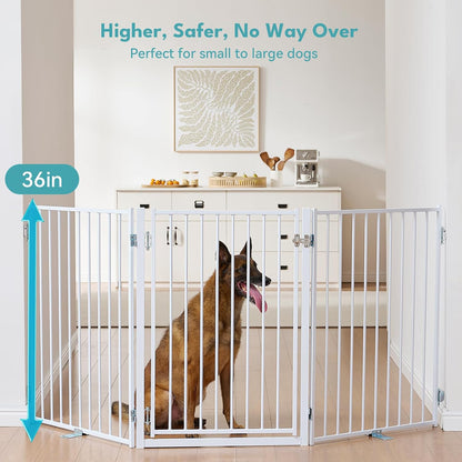 Free Standing Dog Gate with Door, 36'' Tall Foldable Dog Fence for Indoor & Outdoor, Up to 104 Inch Extra Wide Puppy Gate for Stairs, Hallways, Doorways, Deck, Yard (White, 4 Panels)