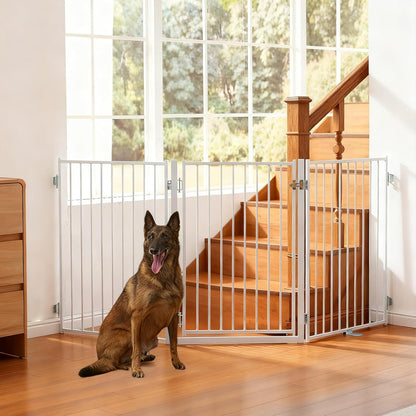 Free Standing Dog Gate with Door, 36'' Tall Foldable Dog Fence for Indoor & Outdoor, Up to 104 Inch Extra Wide Puppy Gate for Stairs, Hallways, Doorways, Deck, Yard (White, 4 Panels)