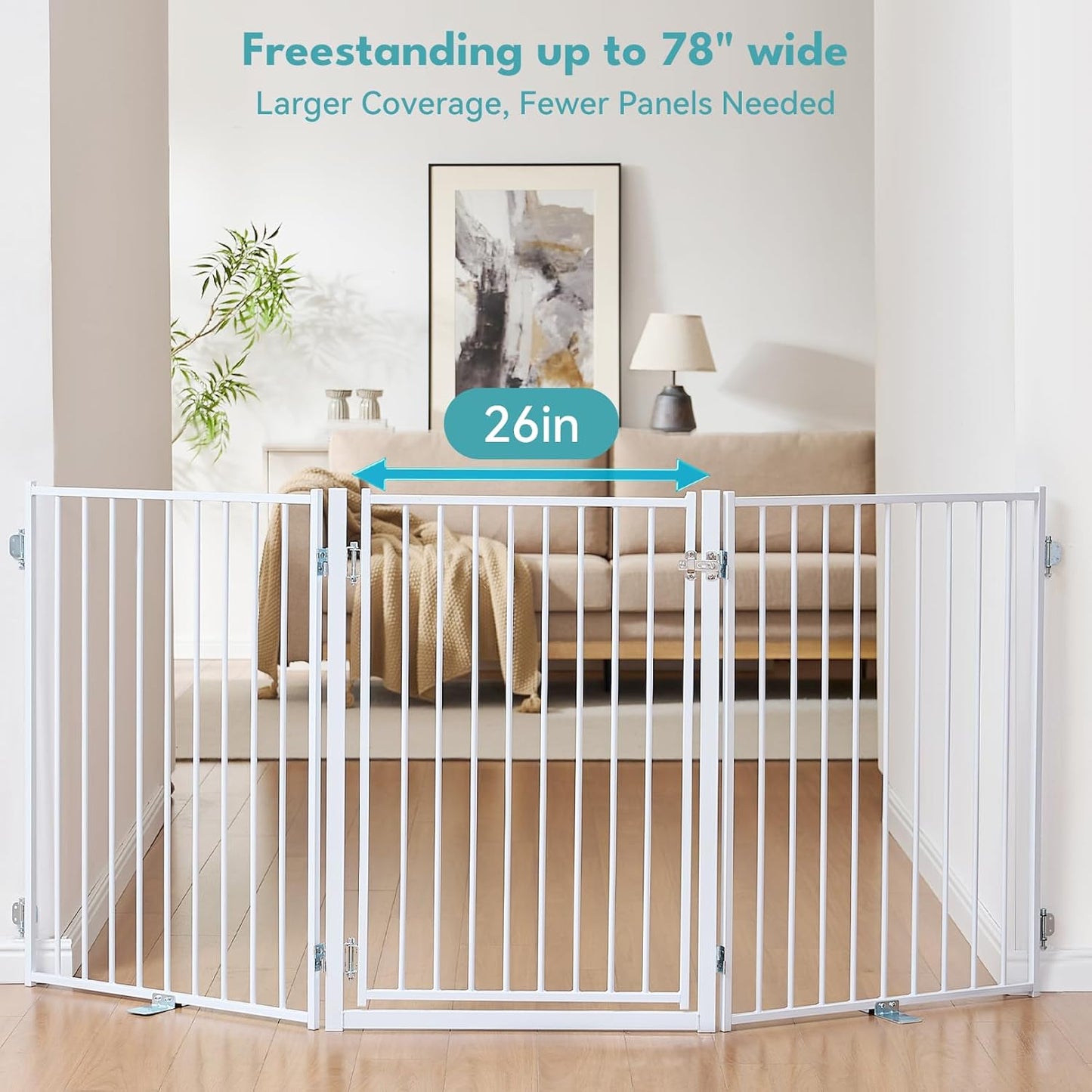 Free Standing Dog Gate with Door, 36'' Tall Foldable Dog Fence for Indoor & Outdoor, Up to 104 Inch Extra Wide Puppy Gate for Stairs, Hallways, Doorways, Deck, Yard (White, 4 Panels)