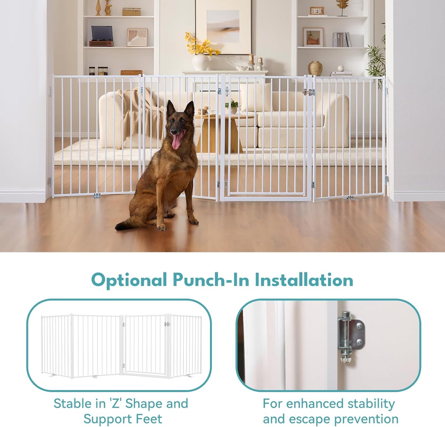 Free Standing Dog Gate with Door, 36'' Tall Foldable Dog Fence for Indoor & Outdoor, Up to 104 Inch Extra Wide Puppy Gate for Stairs, Hallways, Doorways, Deck, Yard (White, 4 Panels)