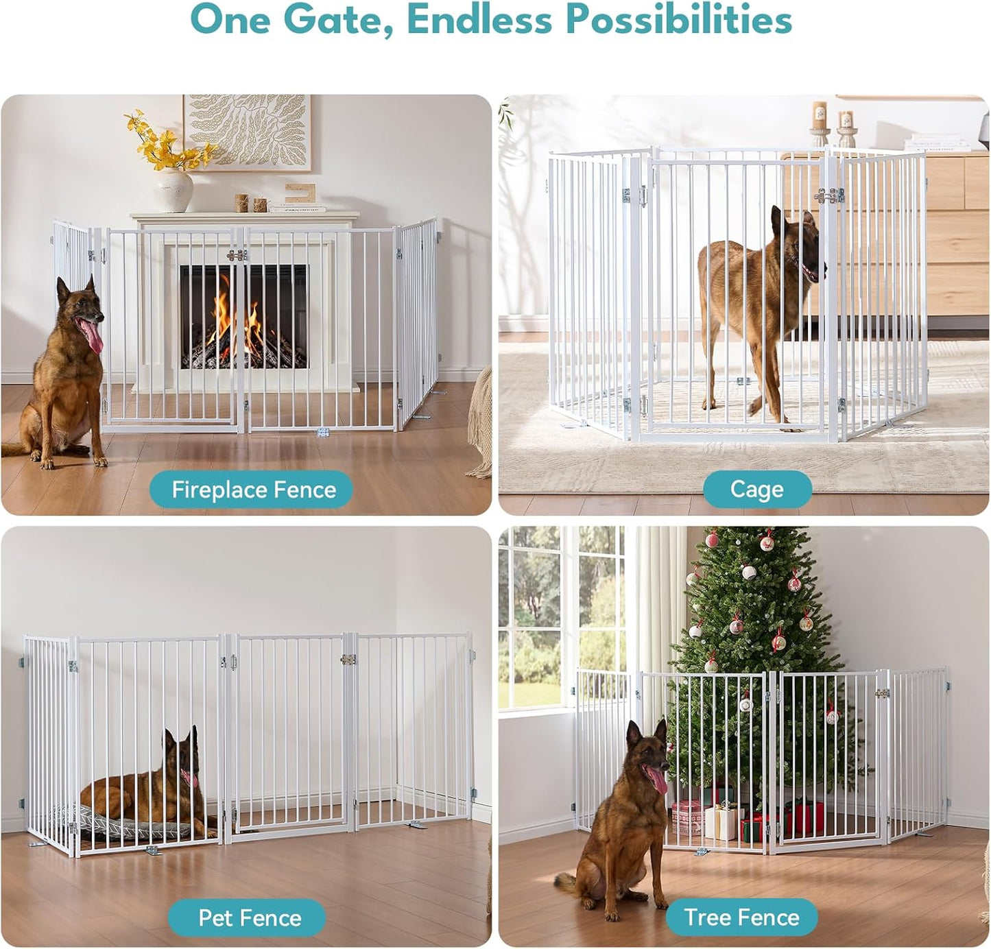 Free Standing Dog Gate with Door, 36'' Tall Foldable Dog Fence for Indoor & Outdoor, Up to 104 Inch Extra Wide Puppy Gate for Stairs, Hallways, Doorways, Deck, Yard (White, 4 Panels)
