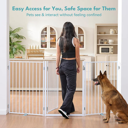Free Standing Dog Gate with Door, 36'' Tall Foldable Dog Fence for Indoor & Outdoor, Up to 104 Inch Extra Wide Puppy Gate for Stairs, Hallways, Doorways, Deck, Yard (White, 4 Panels)