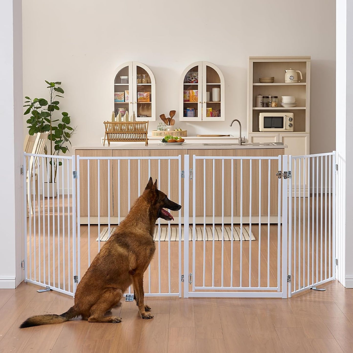 Free Standing Dog Gate with Door, 36'' Tall Foldable Dog Fence for Indoor & Outdoor, Up to 104 Inch Extra Wide Puppy Gate for Stairs, Hallways, Doorways, Deck, Yard (White, 4 Panels)