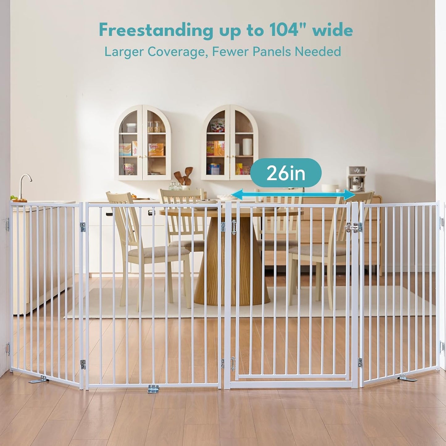 Free Standing Dog Gate with Door, 36'' Tall Foldable Dog Fence for Indoor & Outdoor, Up to 104 Inch Extra Wide Puppy Gate for Stairs, Hallways, Doorways, Deck, Yard (White, 4 Panels)