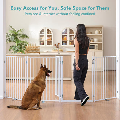 Free Standing Dog Gate with Door, 36'' Tall Foldable Dog Fence for Indoor & Outdoor, Up to 104 Inch Extra Wide Puppy Gate for Stairs, Hallways, Doorways, Deck, Yard (White, 4 Panels)