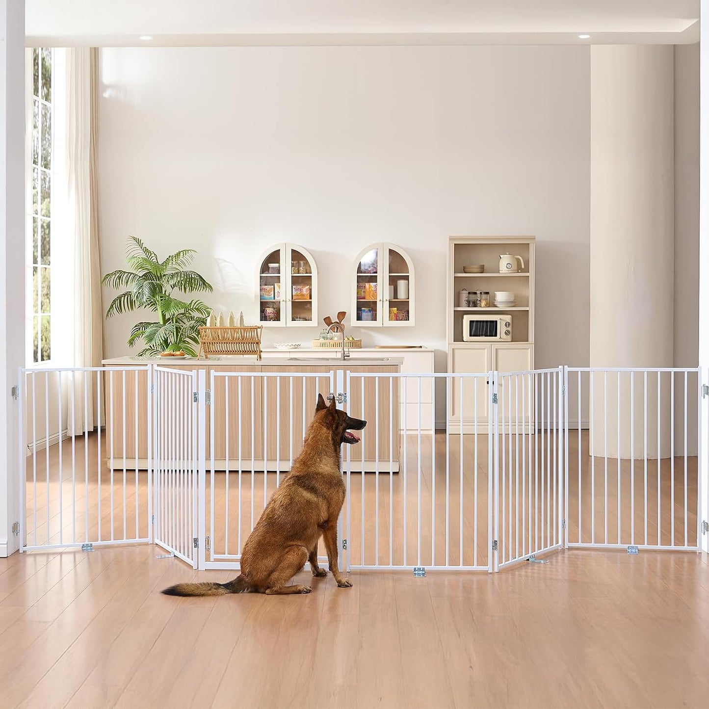 Free Standing Dog Gate with Door, 36'' Tall Foldable Dog Fence for Indoor & Outdoor, Up to 104 Inch Extra Wide Puppy Gate for Stairs, Hallways, Doorways, Deck, Yard (White, 4 Panels)